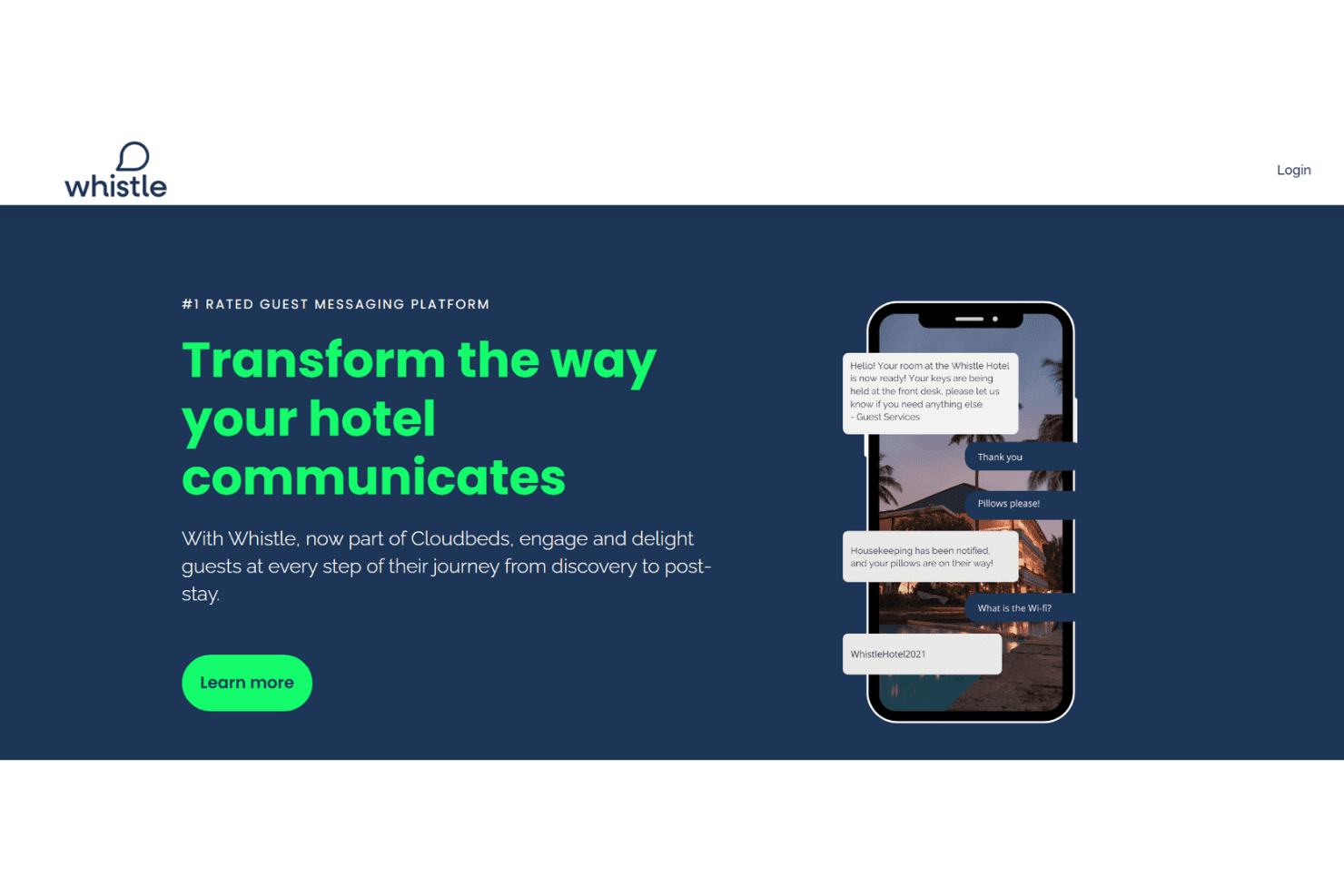 Whistle centralizes guest messaging, check-in, keyless entry, upsells, and tickets.