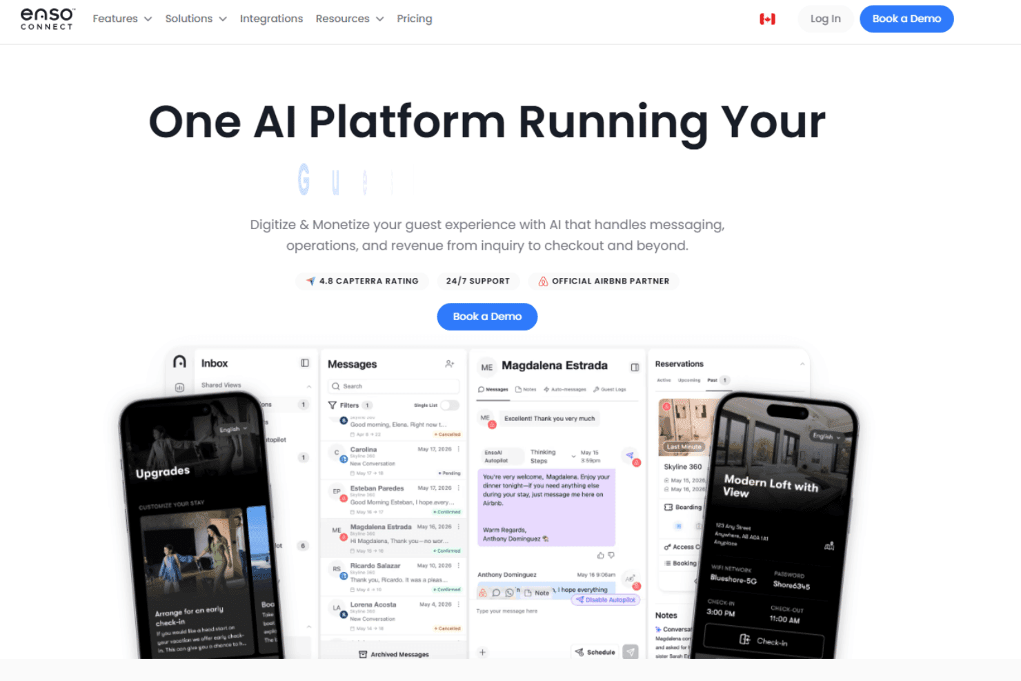 Enso Connect manages guest journeys with AI messaging, check-in, locks, and upsells.