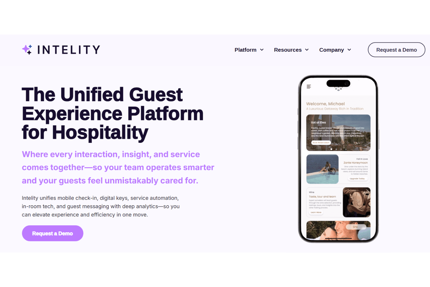 Intelity supports guest stays with check-in, digital keys, concierge, and tablets.