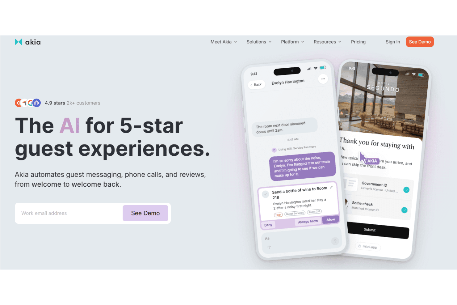 Akia elevates guest stays with AI messaging, check-in, upsells, and reviews.