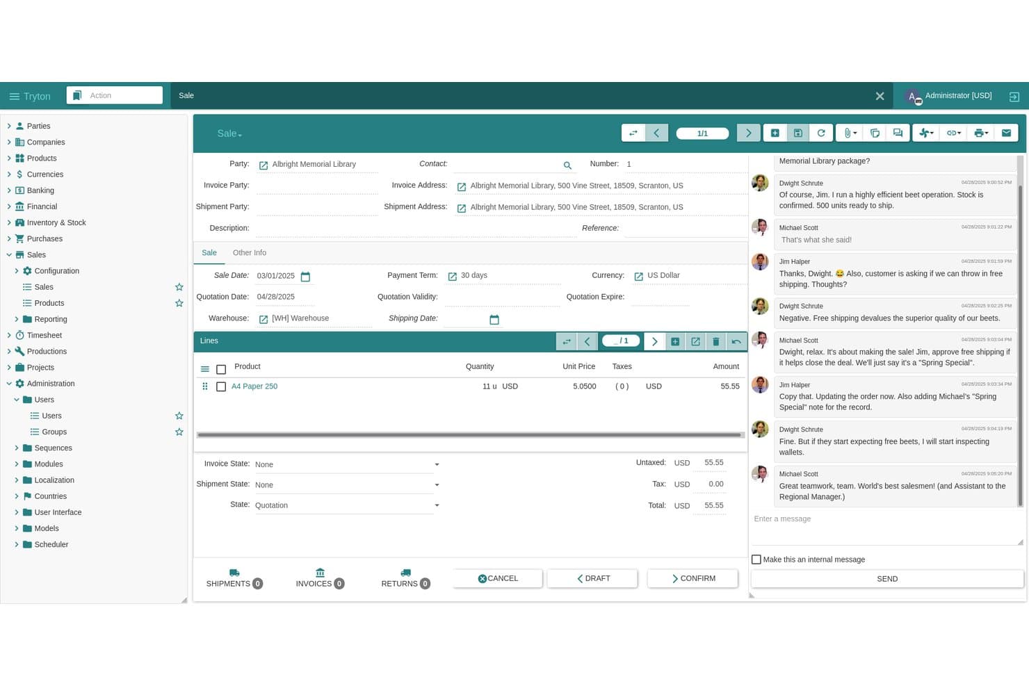 Tryton-salgsordreformular, der viser produktlinjer, priser og chatlog.