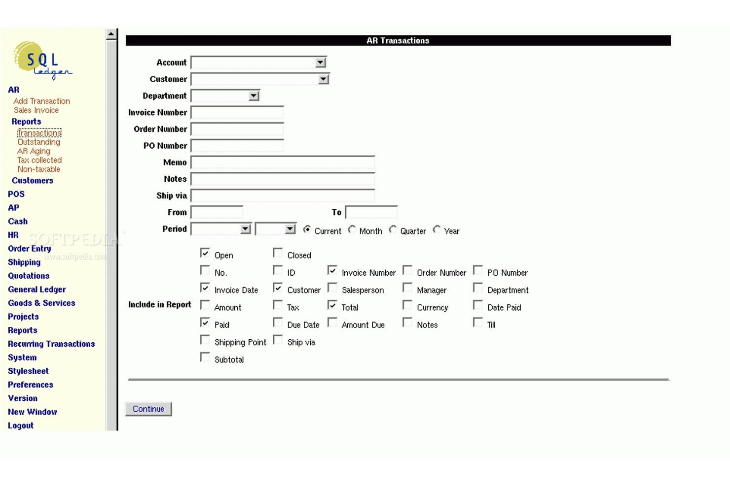 SQL-Ledgers rapportformular for debitortransaktioner med filtre og kolonneindstillinger.