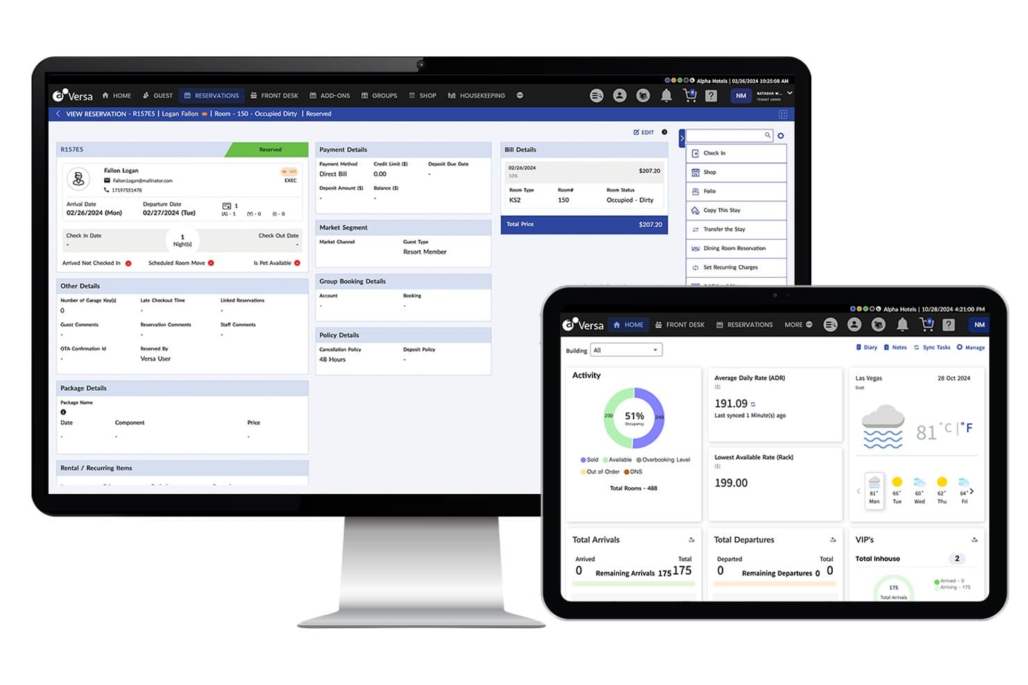 Agilysys hotel management software showing reservation details and dashboard on desktop and tablet.