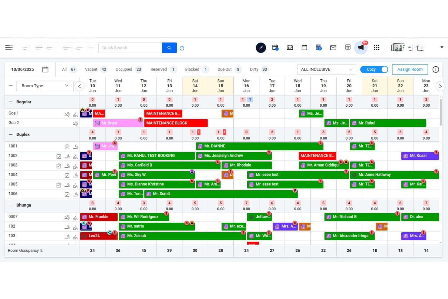 Yanolja Cloud Solution hotel room calendar showing bookings and occupancy across multiple room types.