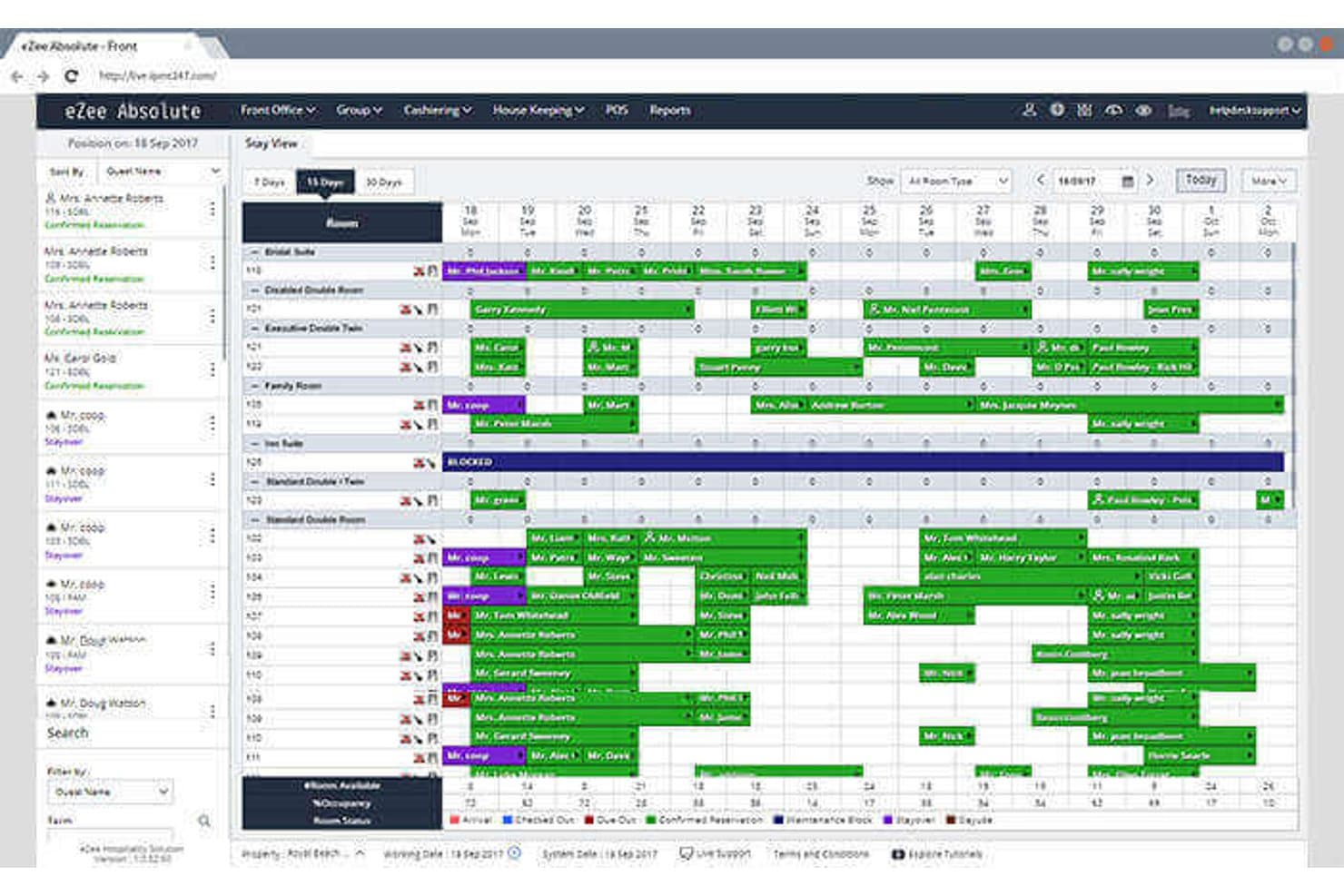 eZee Absolute hotel management dashboard showing a 15-day room booking calendar grid.