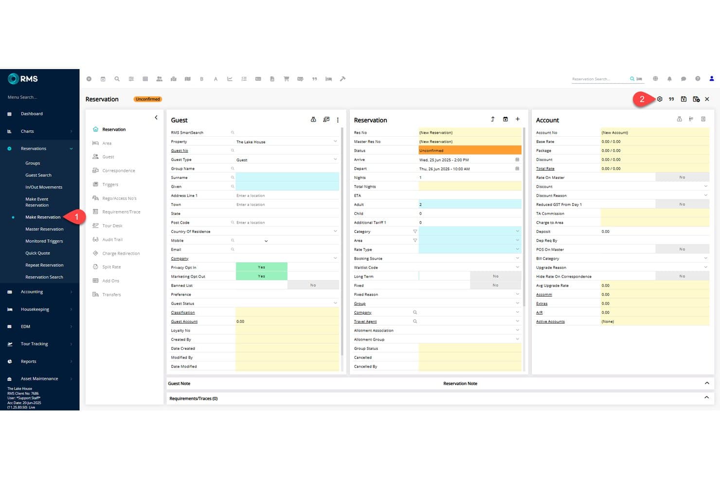 RMS Cloud reservation form showing guest details, stay dates, and account fields.