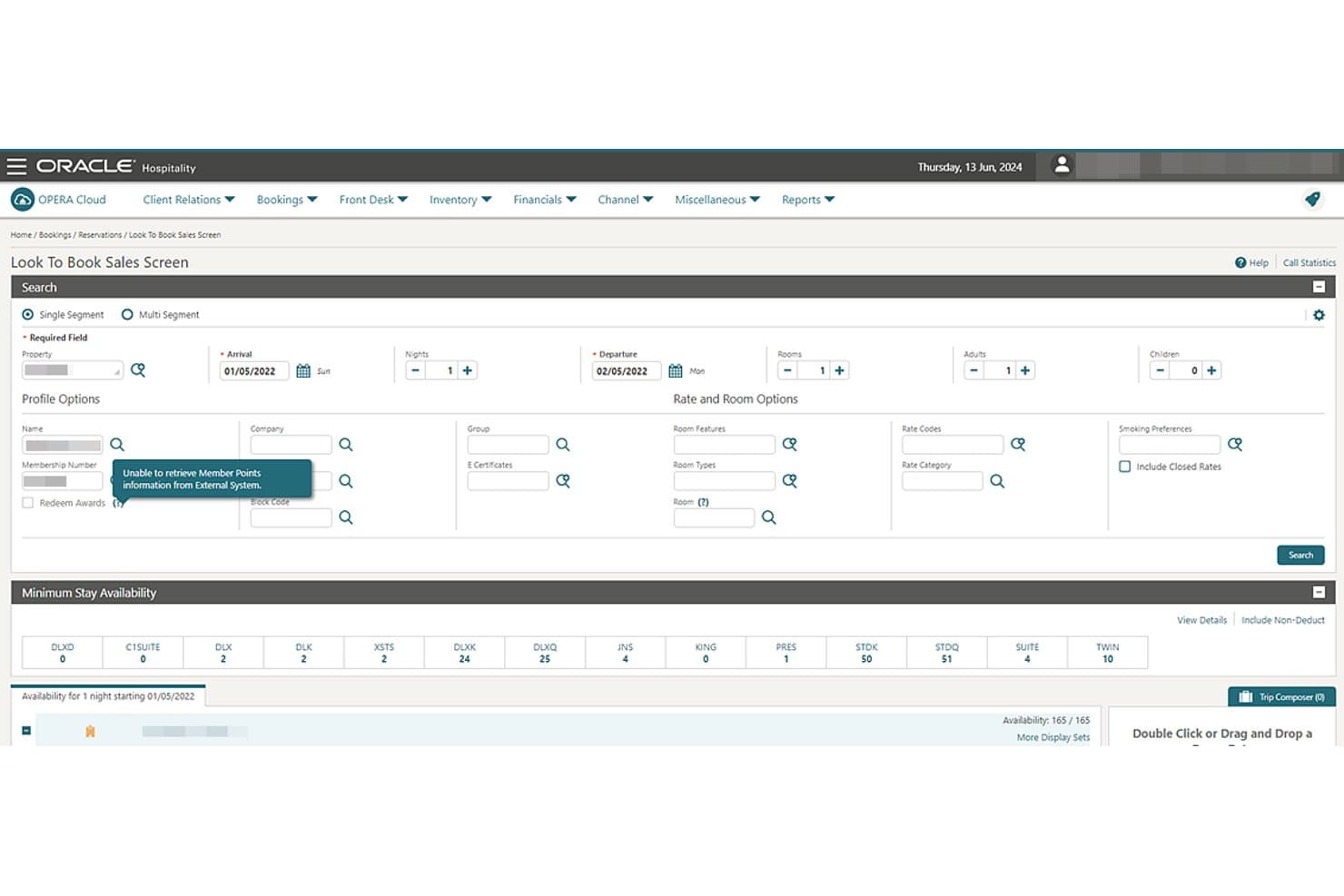 OPERA Cloud Look To Book Sales Screen with date, room, and rate search fields.