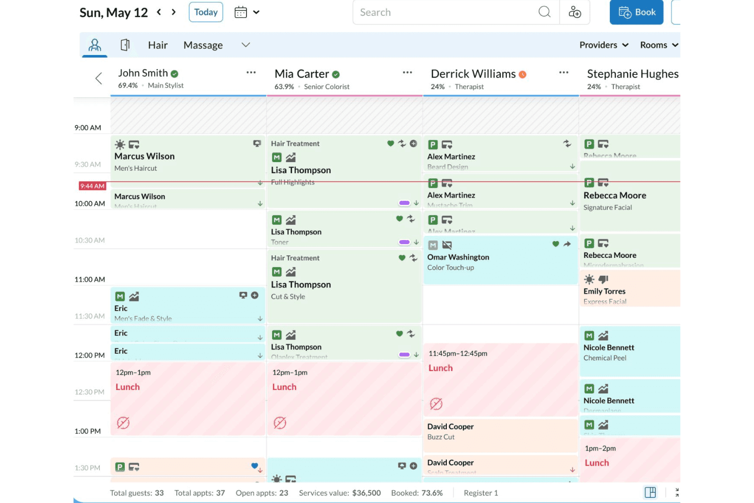 Salon scheduling calendar showing staff columns with color-coded appointments for Sunday May 12.