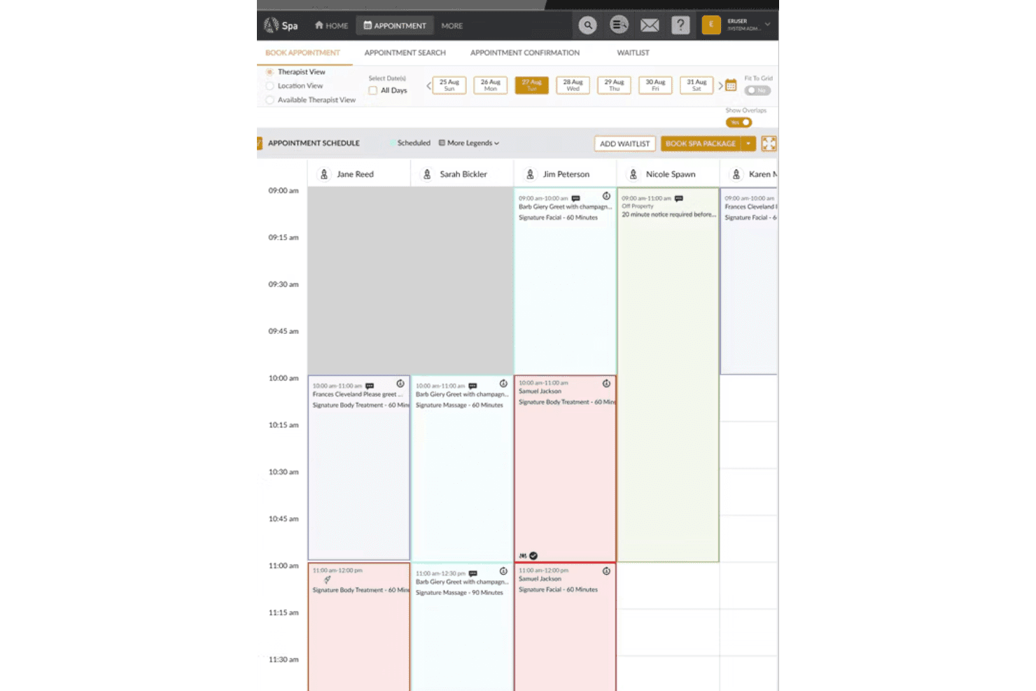 Spa scheduling software showing therapist appointment calendar for multiple staff members.