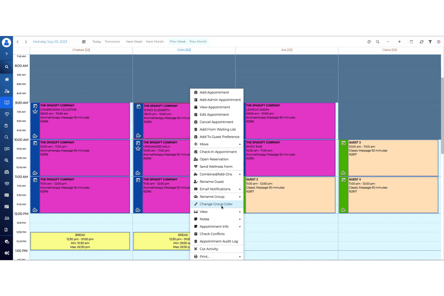 SpaSoft scheduling calendar showing a right-click context menu with appointment management options.