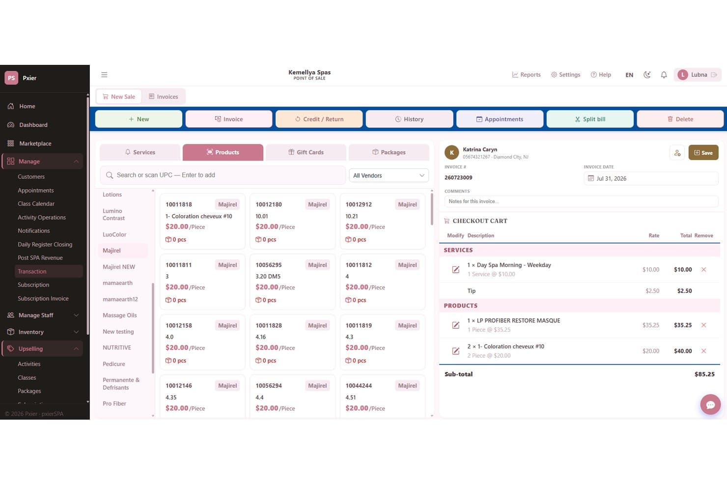 PXier point-of-sale screen showing product grid and checkout cart with services.