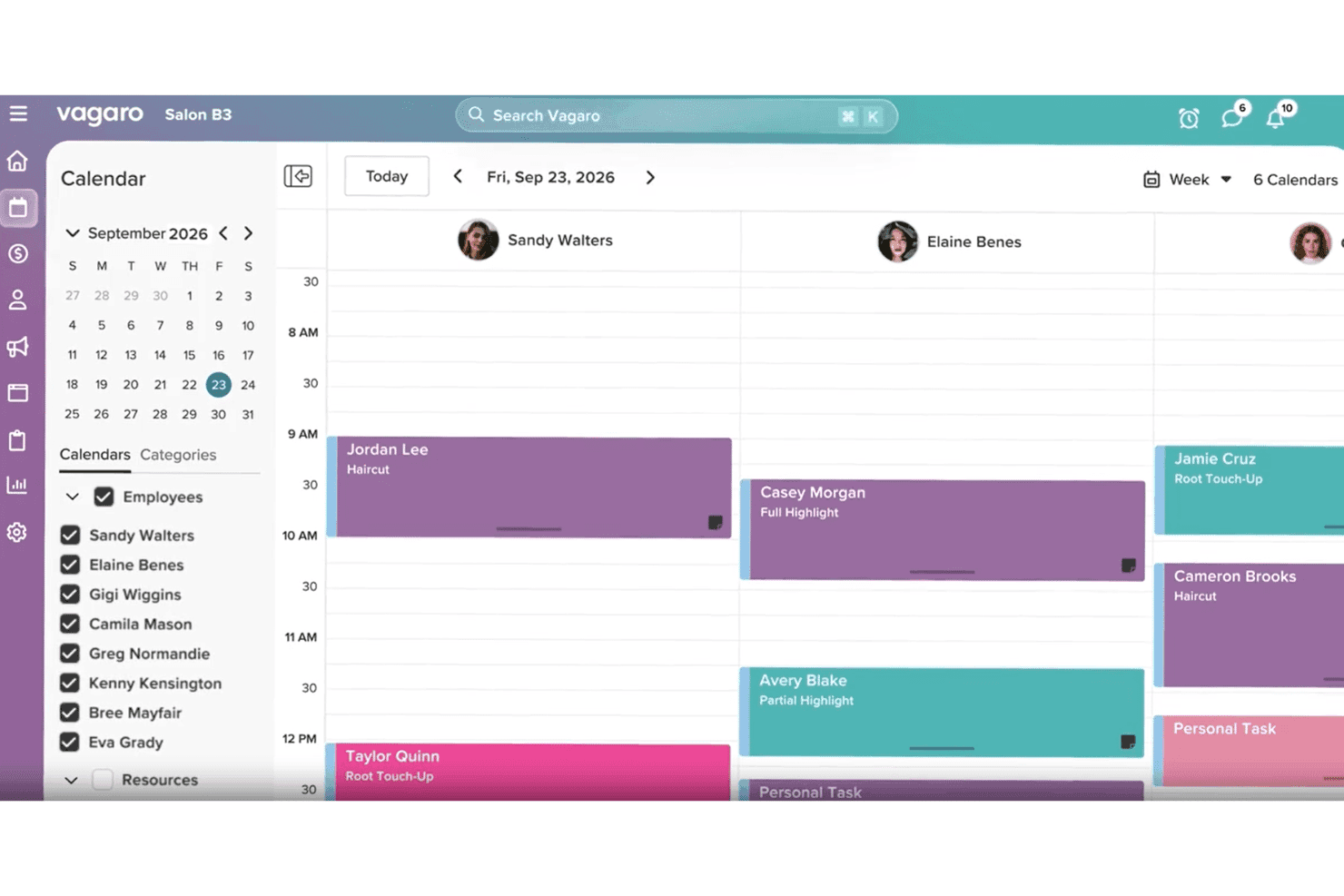 Vagaro salon scheduling calendar showing staff appointments for Friday, September 23, 2026.