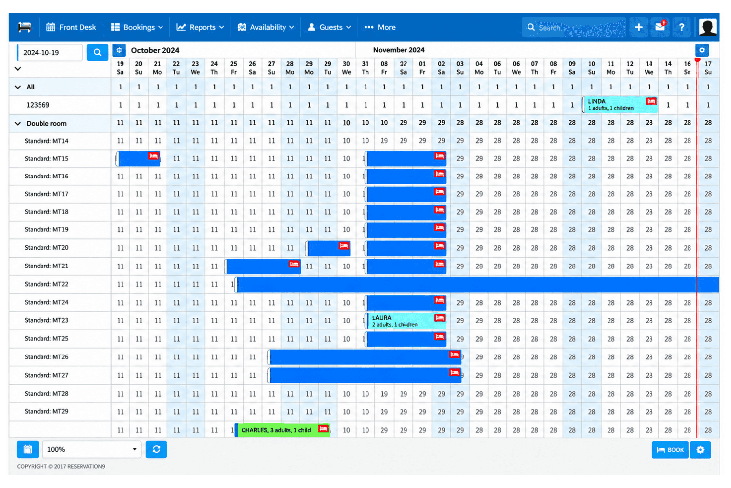 OtelMS tracks bookings, room availability, arrivals, and departures on a grid.