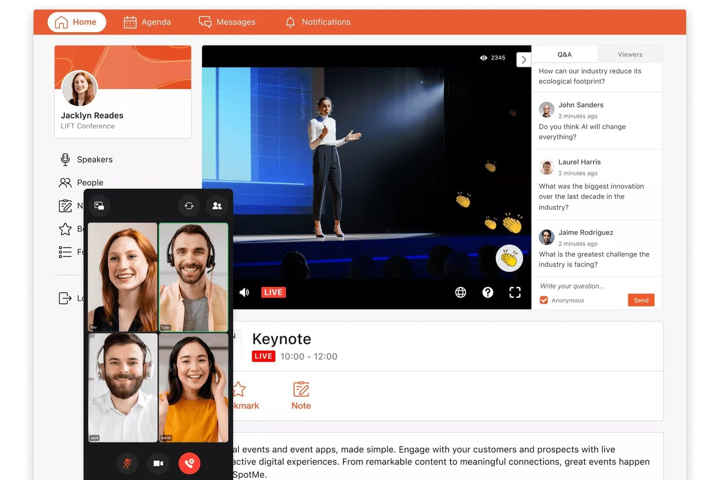 SpotMe-arrangementsapp, der viser en livestream af en live-hovedtaler med Q&A-panel og videoopkaldsoverlejring.