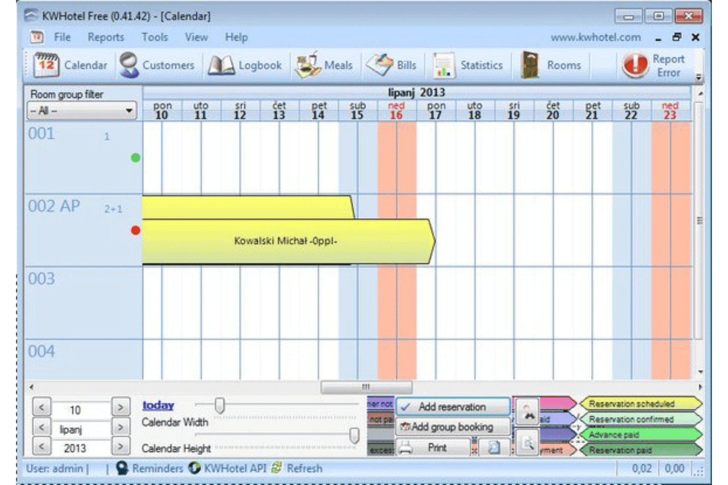KWHotel front desk booking calendar