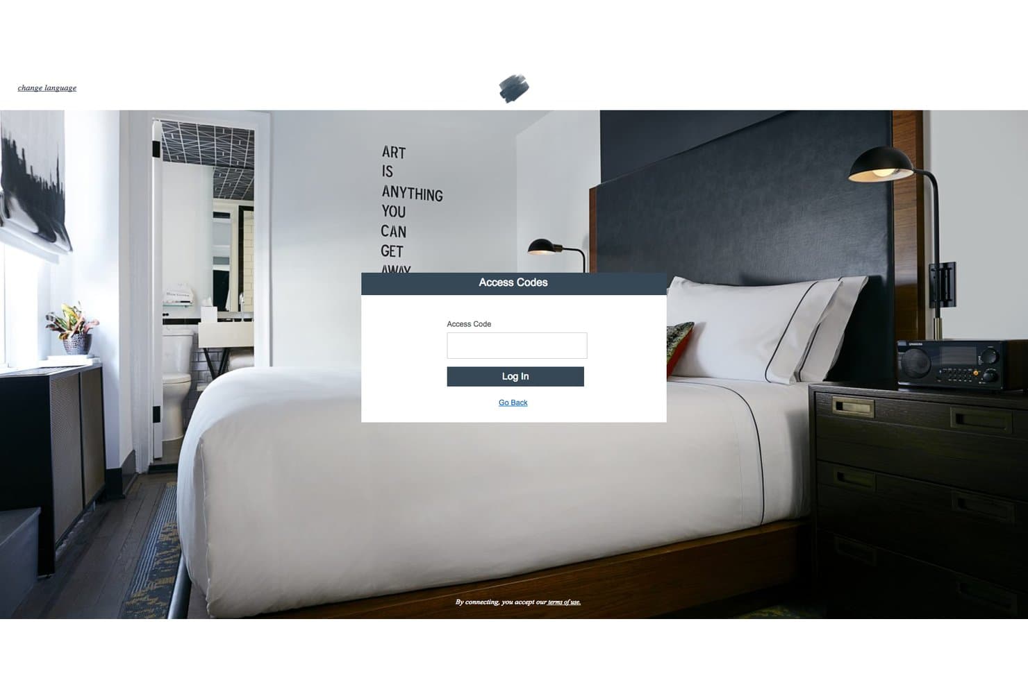 Hotel WiFi guest portal login screen with access code field and login button.