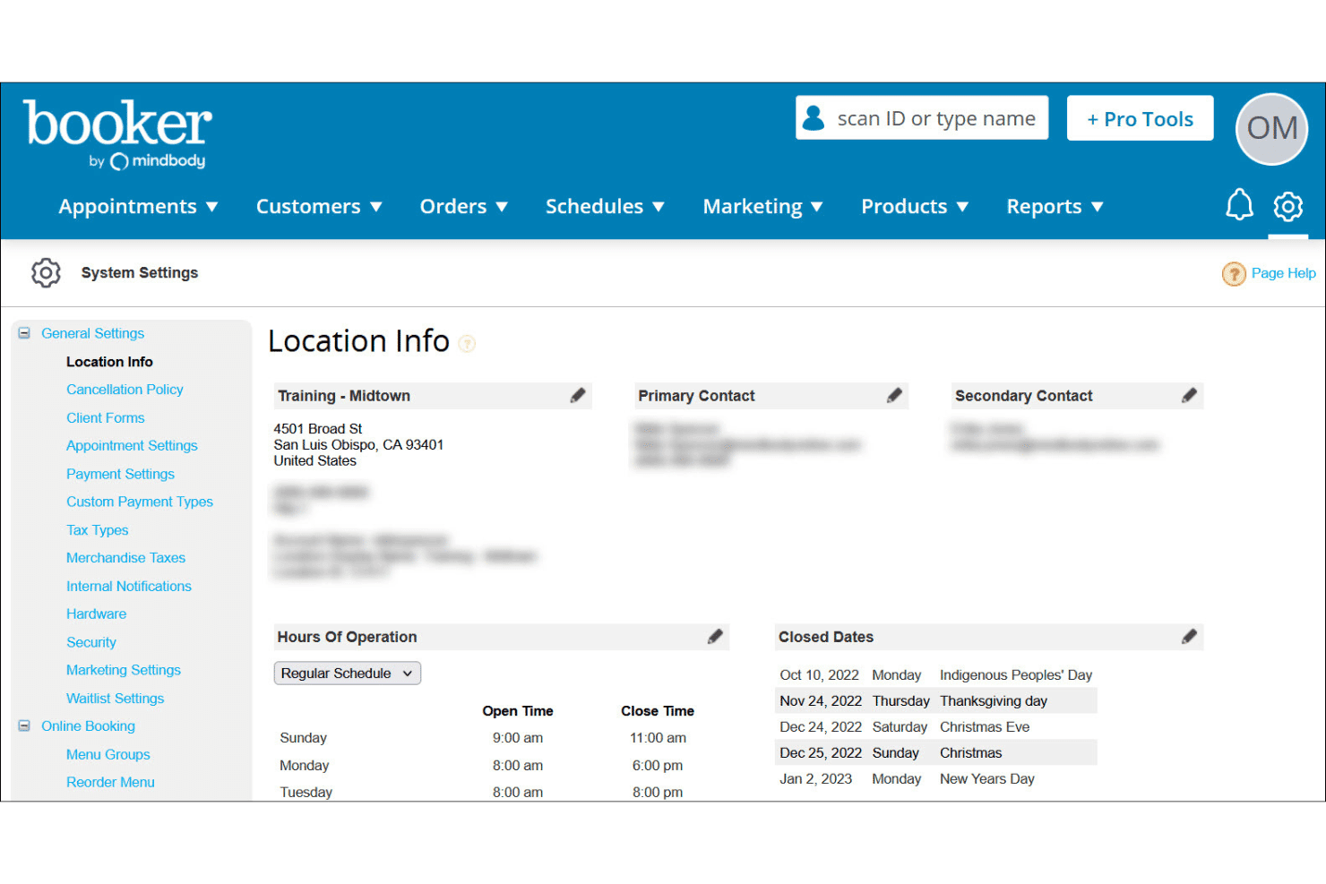Booker system settings showing location info, hours of operation, and closed dates.