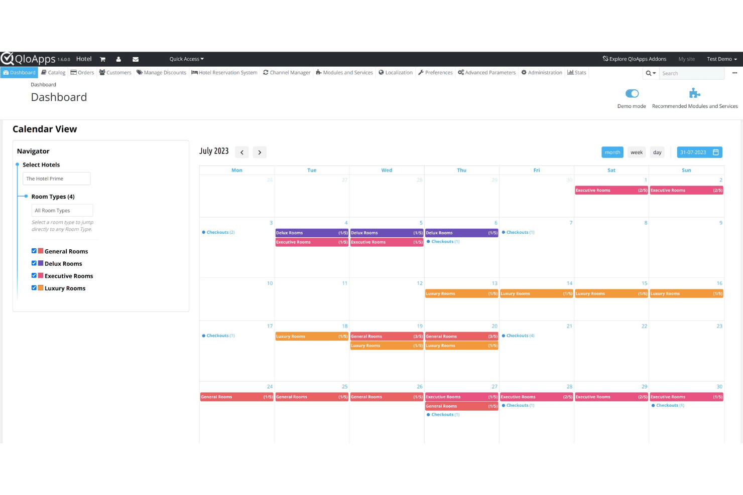 QloApps reservation management dashboard