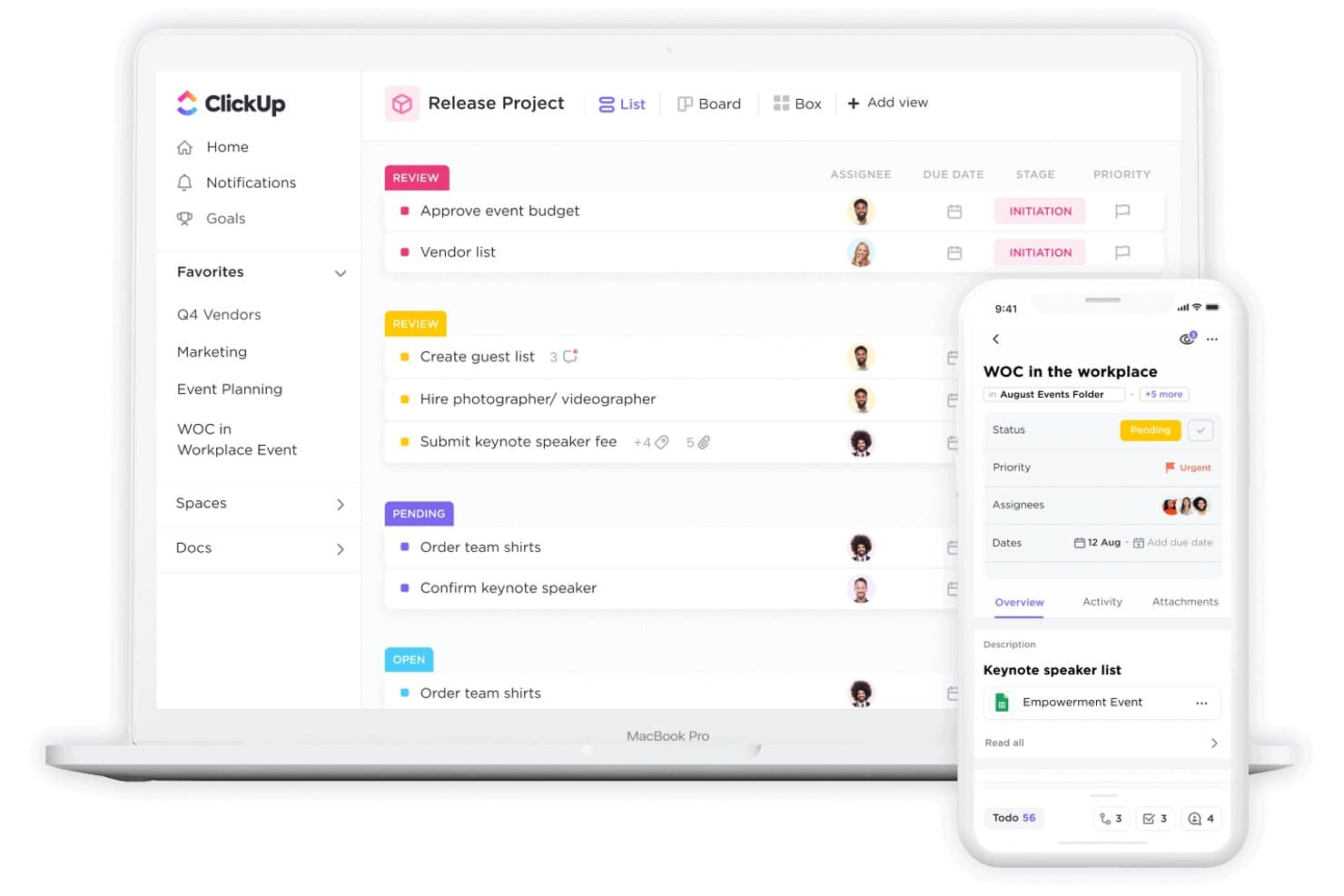 ClickUps projektliste og mobilvisning, der viser opgaver og statusser for planlægning af arrangementer.