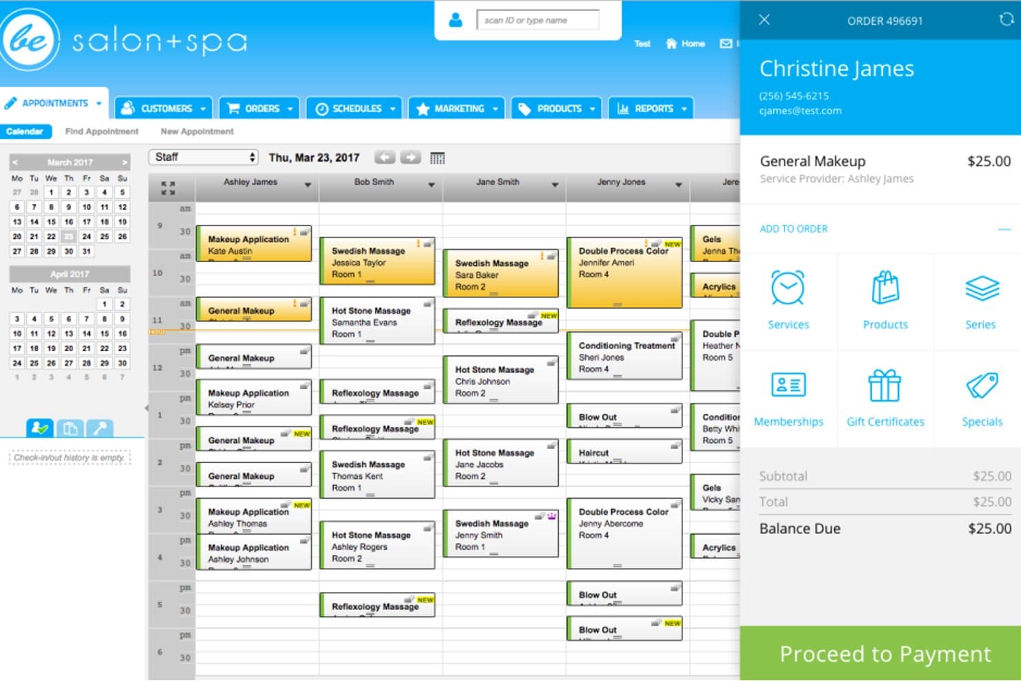 Calendrier de planification d’un salon et spa Booker avec le panneau de paiement de la commande ouvert.