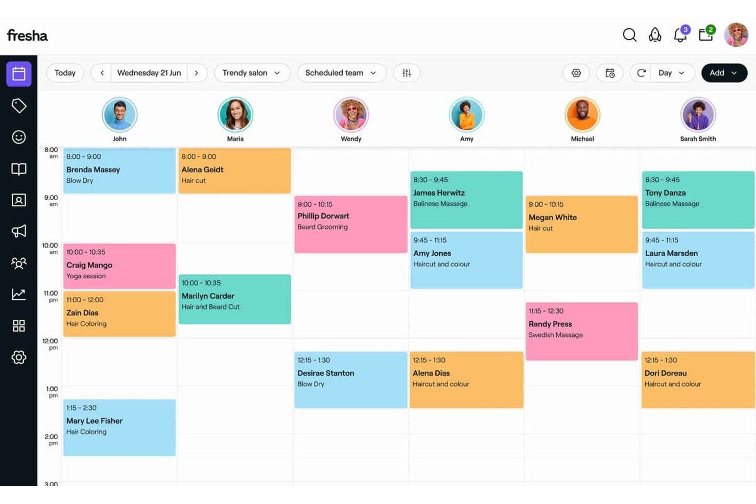 Calendrier de prise de rendez-vous du salon Fresha affichant les rendez-vous du personnel pour le mercredi 21 juin.