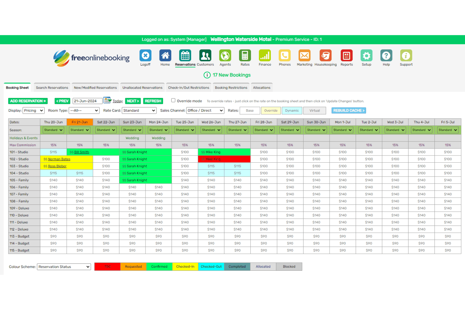freeonlinebooking booking sheet interface
