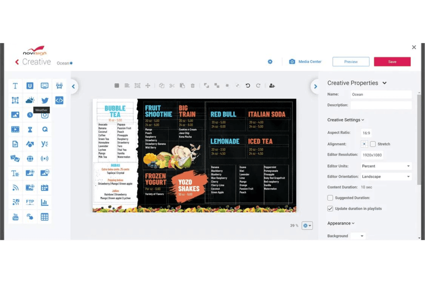 NoviSign creative editor showing a bubble tea menu board with properties panel.