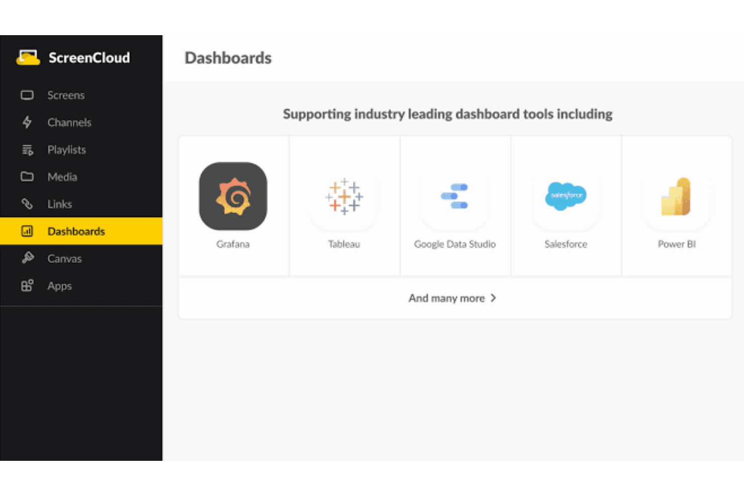 ScreenCloud Dashboards page showing integrations with Grafana, Tableau, Salesforce, and Power BI.