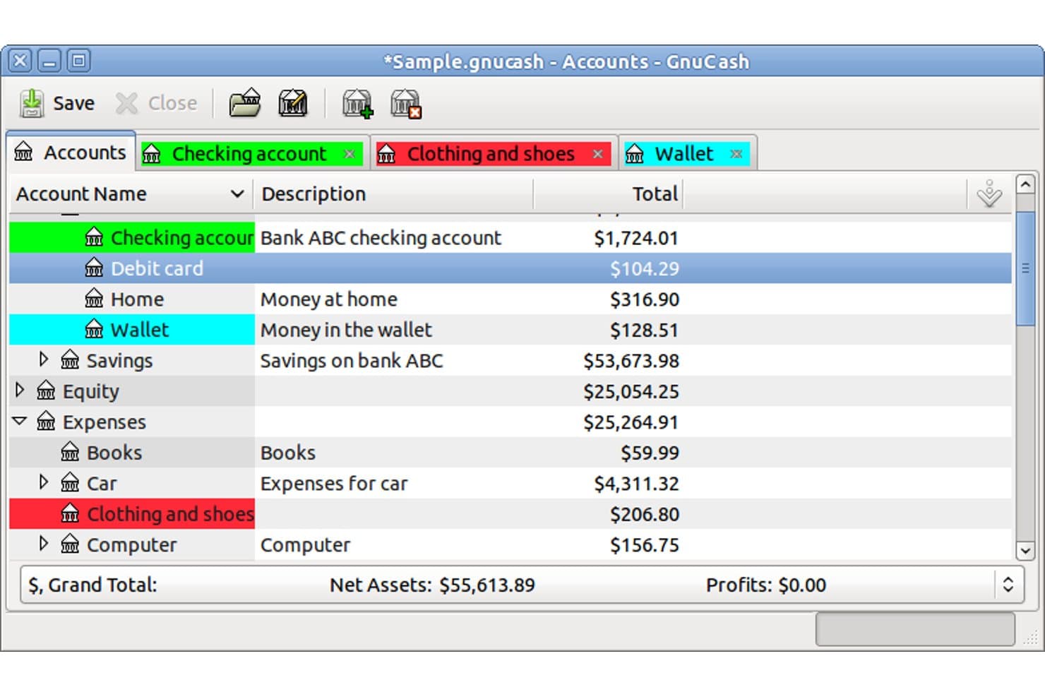 GnuCash accounts window showing color-coded account list with balances and grand total of $55,613.89.