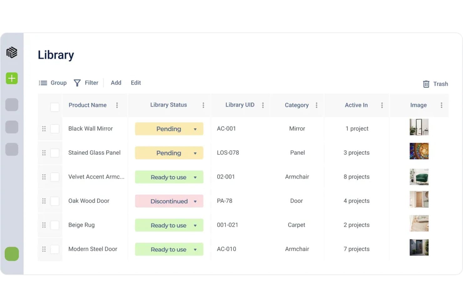 Fohlio Library table showing products with status, UID, category, and project count columns.