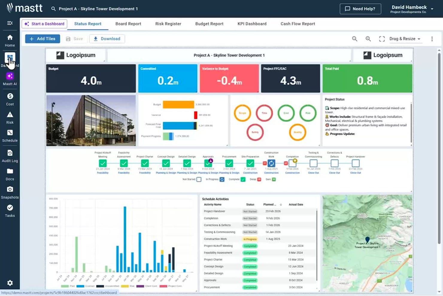 Mastt project dashboard showing budget, schedule milestones, cost charts, and map for Skyline Tower Development.