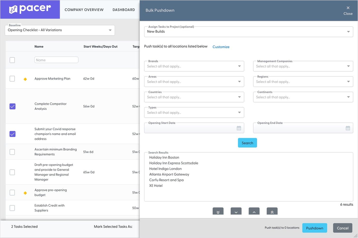 Pacer Bulk Pushdown modal showing task assignment filters and six hotel location search results.