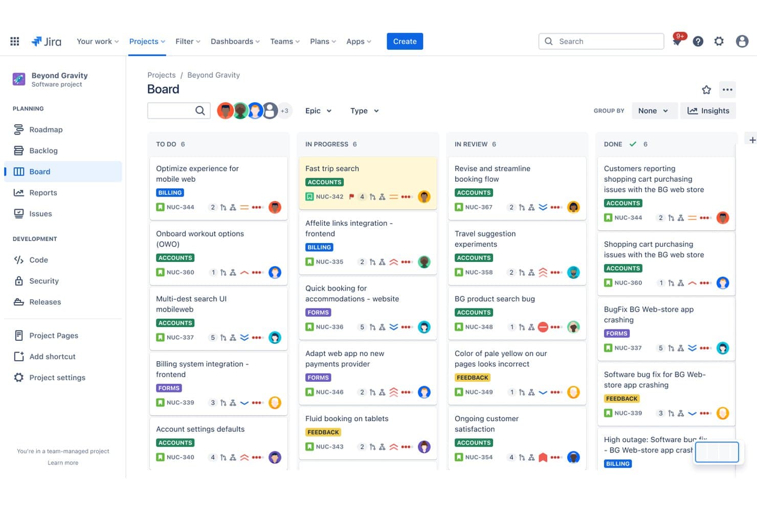 Jira Kanban board showing 24 tasks across four columns with epic labels and assignees.