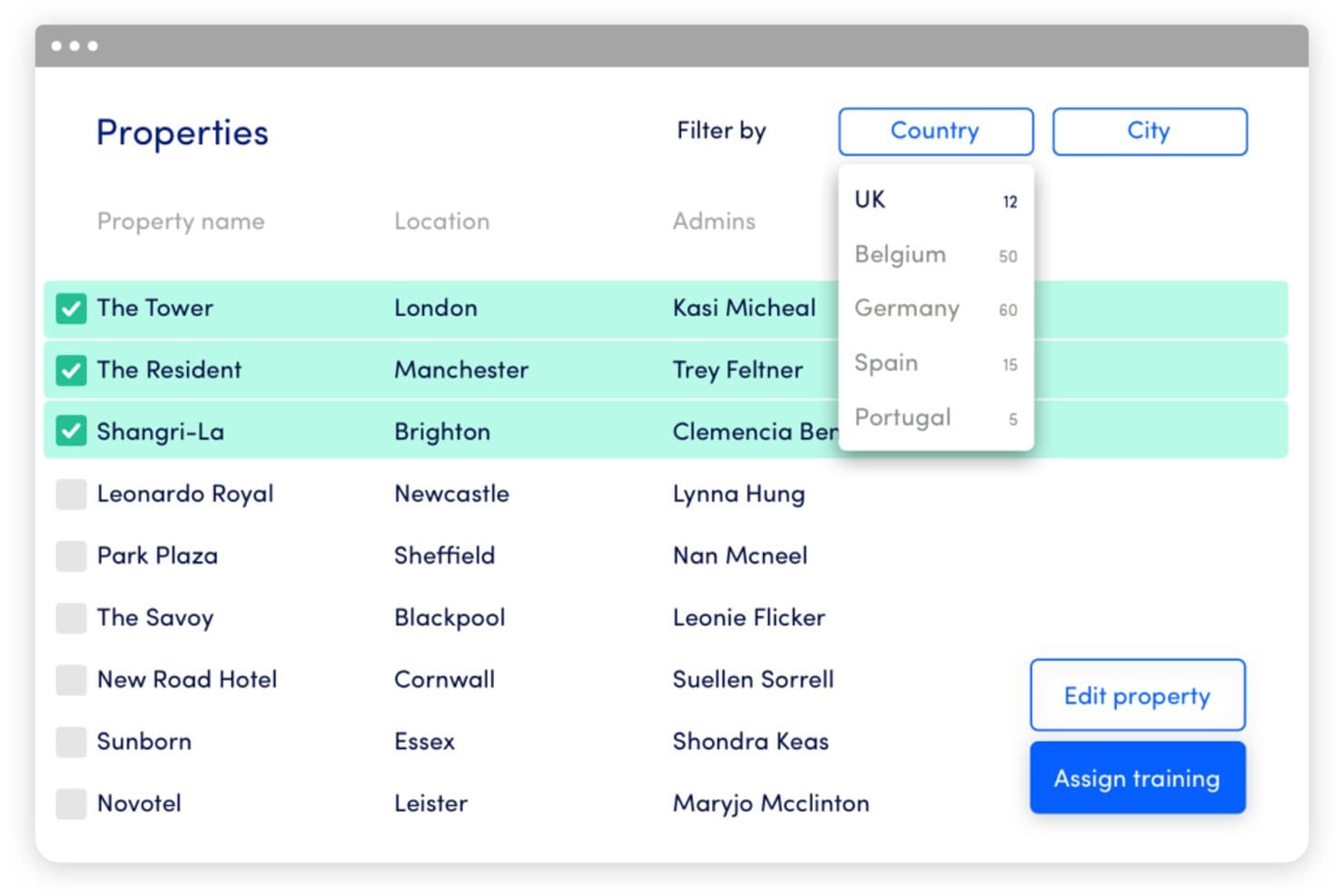 Innform properties list with country filter dropdown and assign training button