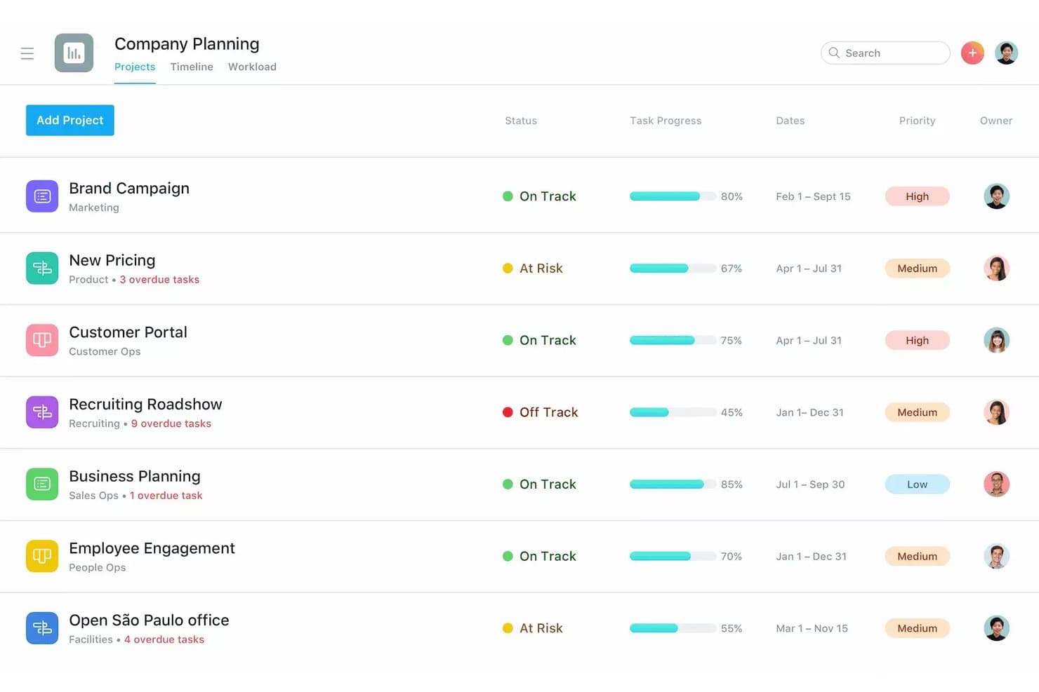 Asana project list dashboard showing seven projects with status, progress, dates, and priority columns.