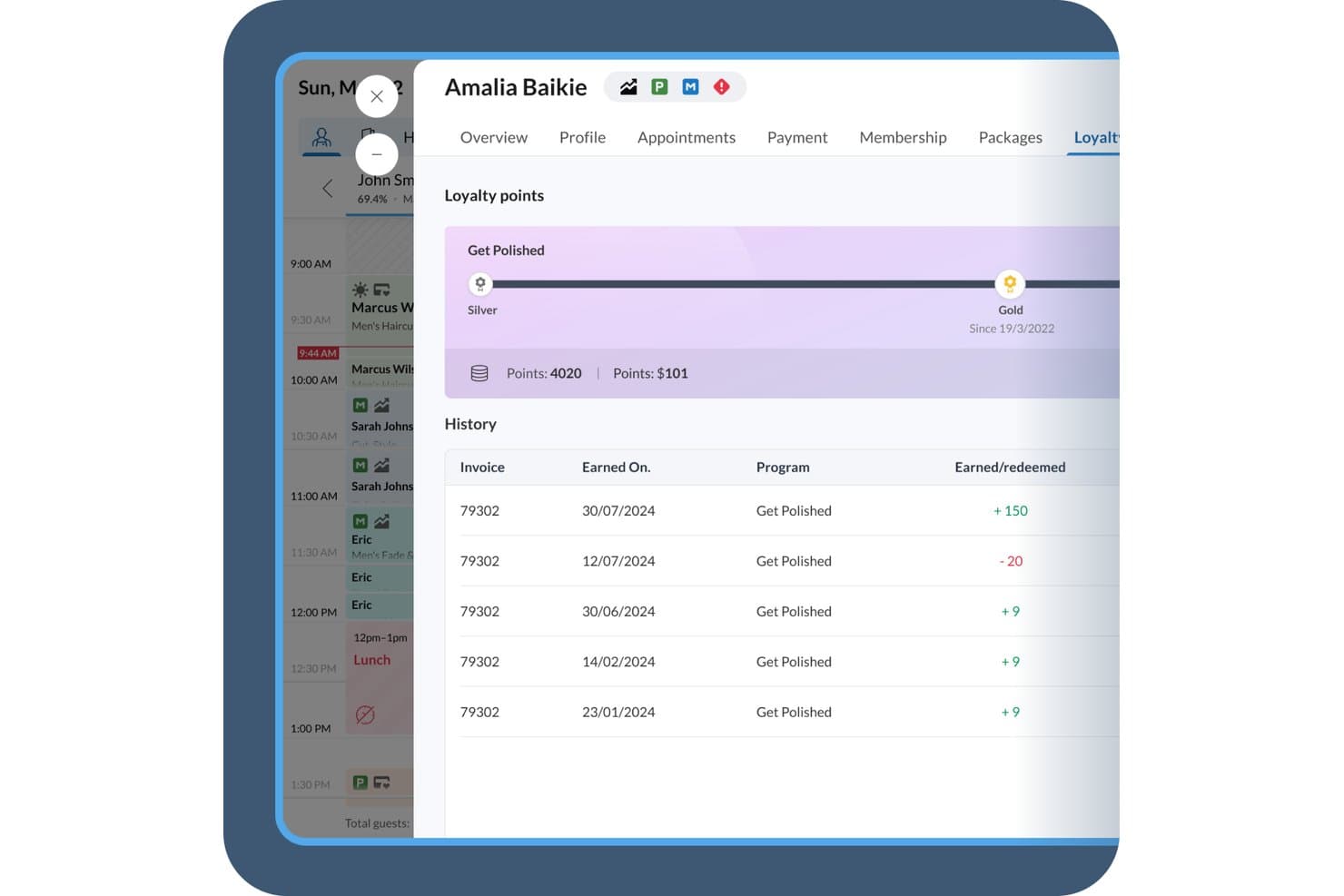 Zenoti spa loyalty points profile showing Gold tier status, 4020 points, and transaction history