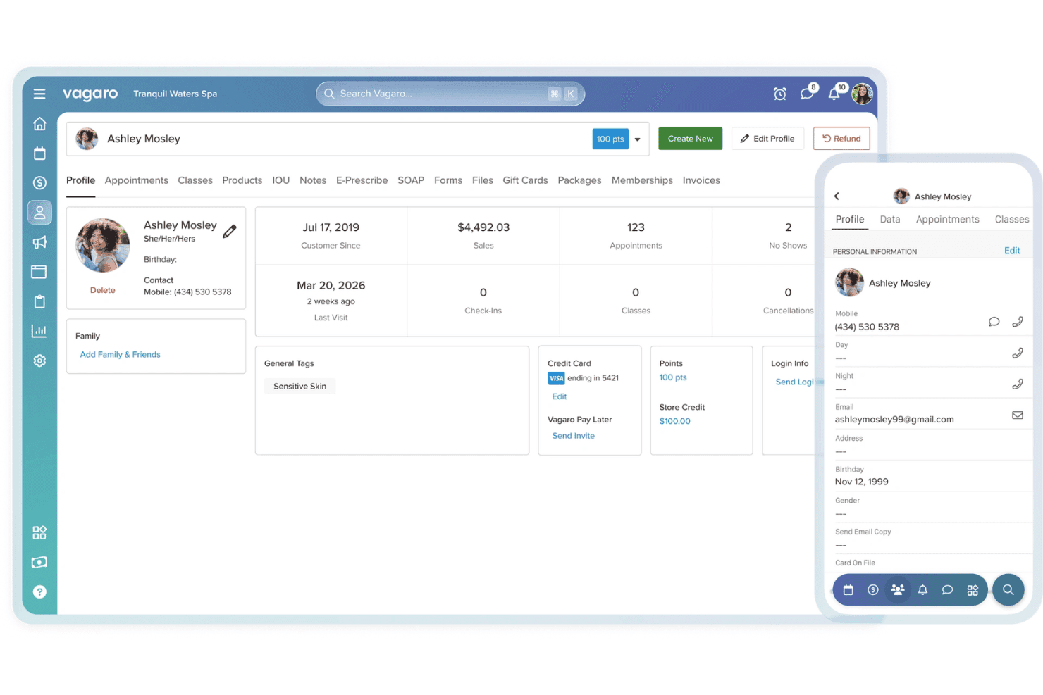 Vagaro manages bookings, POS, client profiles, loyalty, memberships, and SMS.