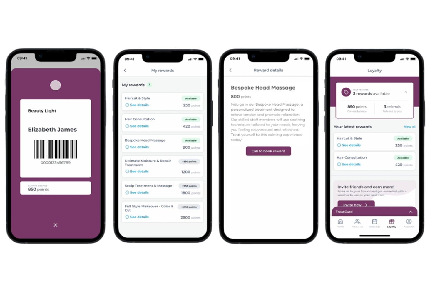 Phorest mobile app showing loyalty card, rewards list, reward details, and points dashboard screens.