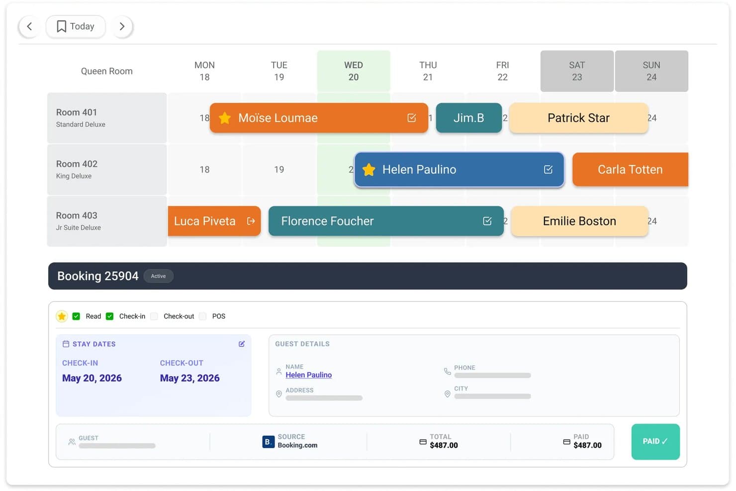 Sirvoy hotel management calendar showing room bookings across a weekly view with guest details panel.
