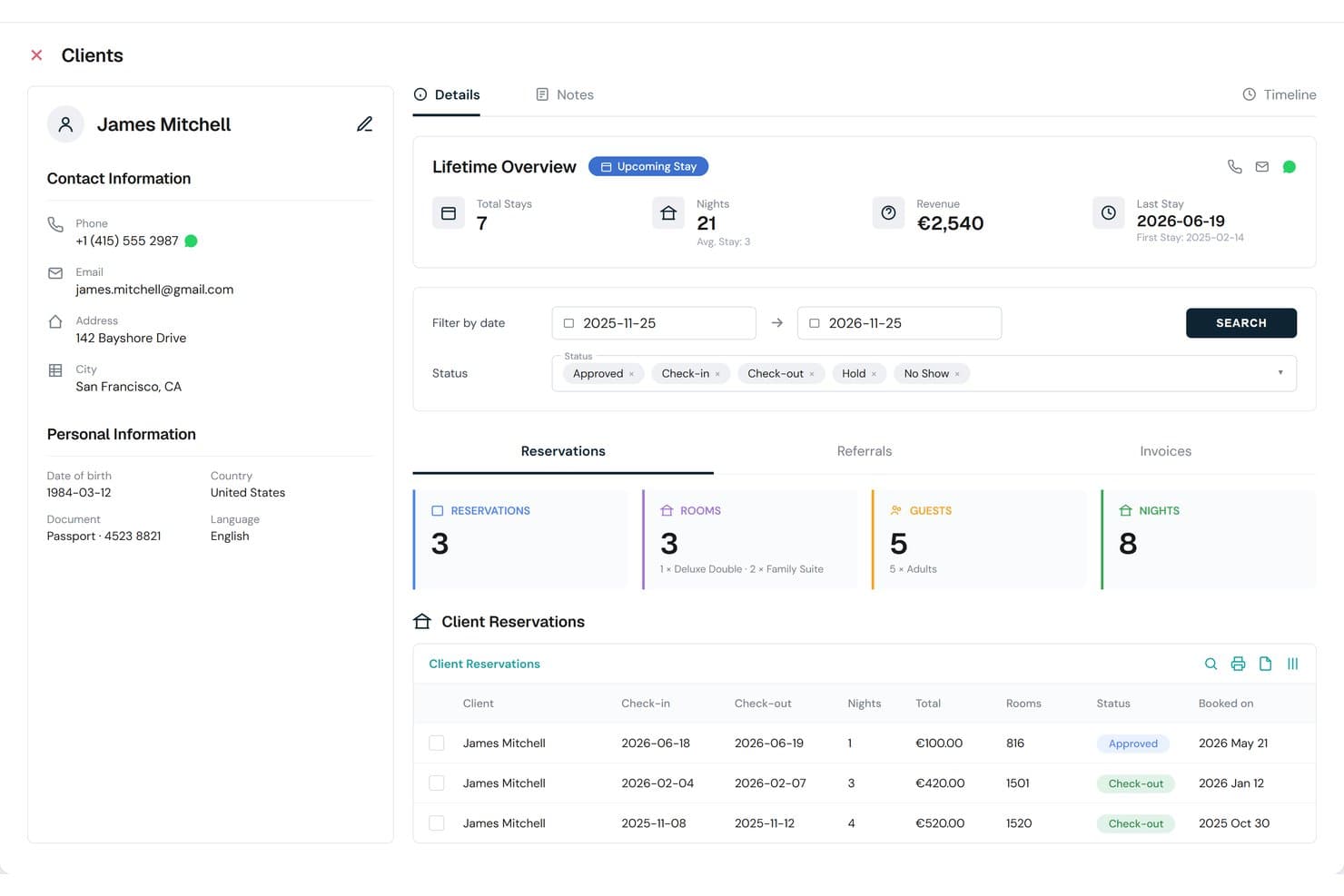 HotelBee client profile showing reservations, lifetime stays, and booking details.