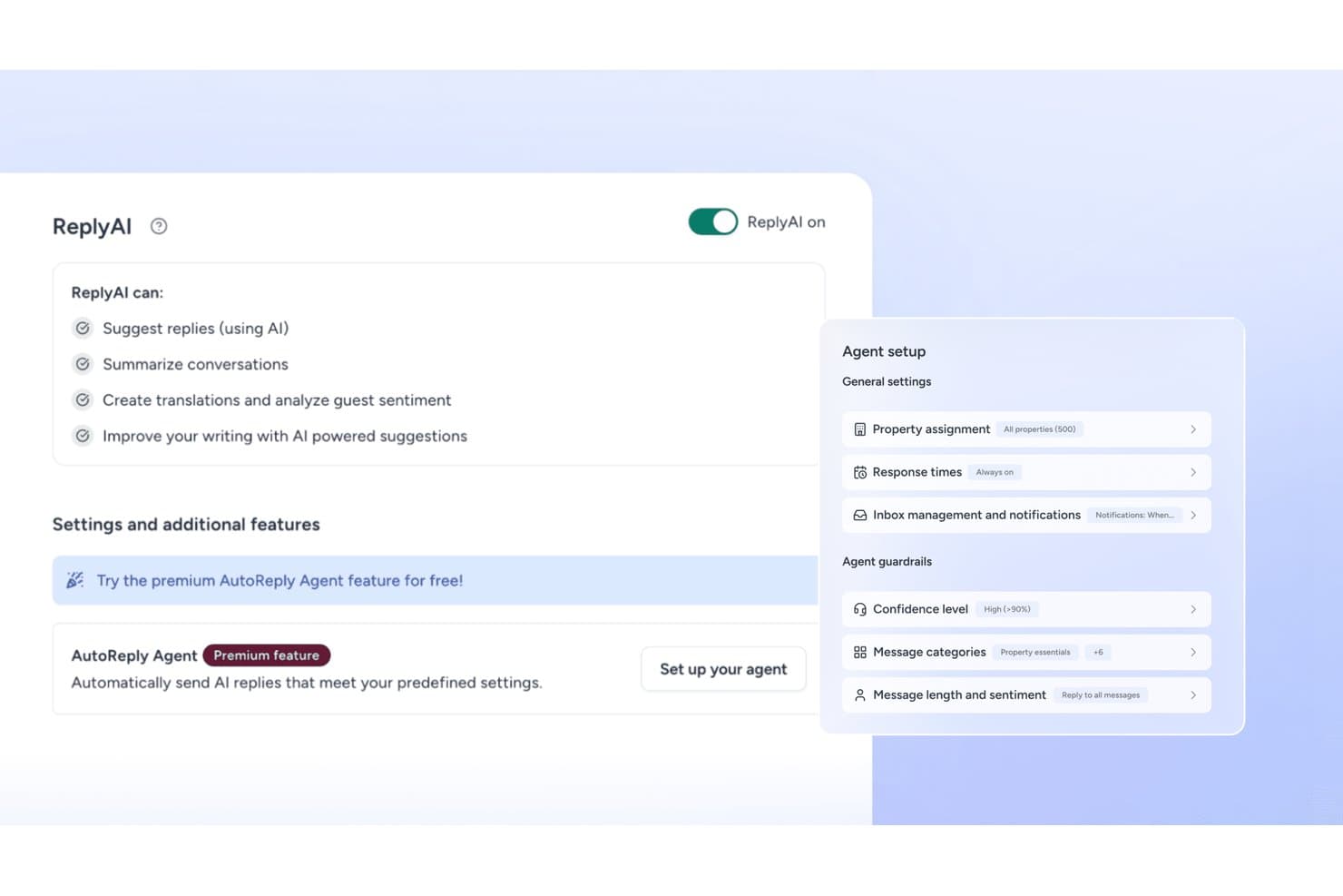 Guesty ReplyAI settings panel with AutoReply Agent setup and agent guardrails options.