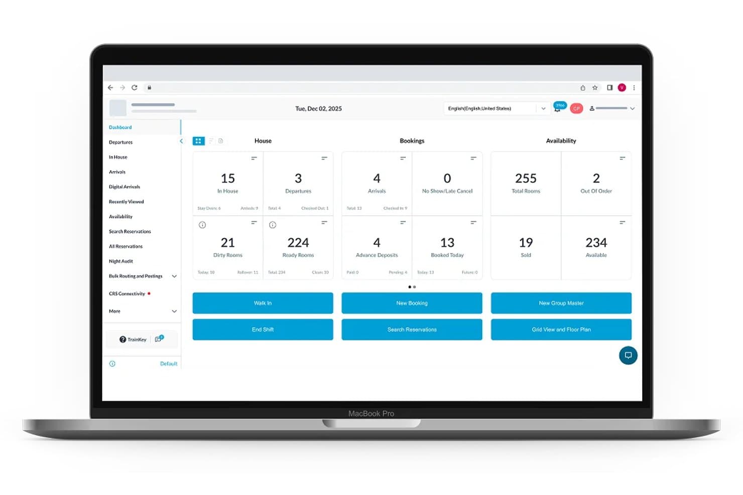 HotelKey PMS dashboard showing house status, bookings, and availability metrics.