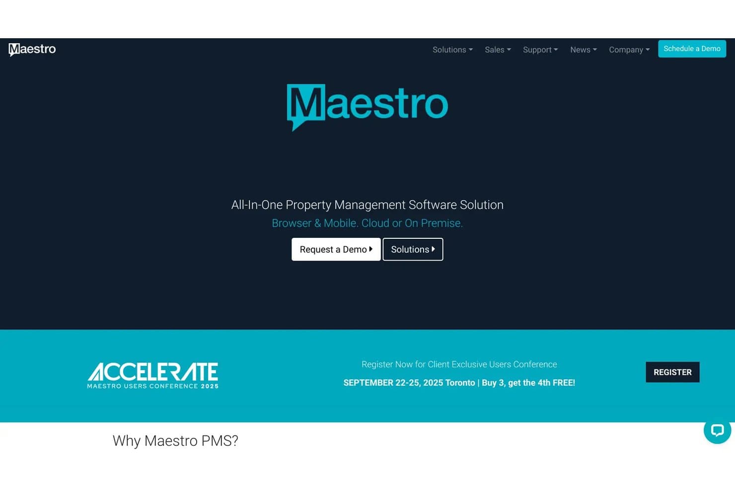 Maestro PMS homepage showing property management software with demo request buttons.