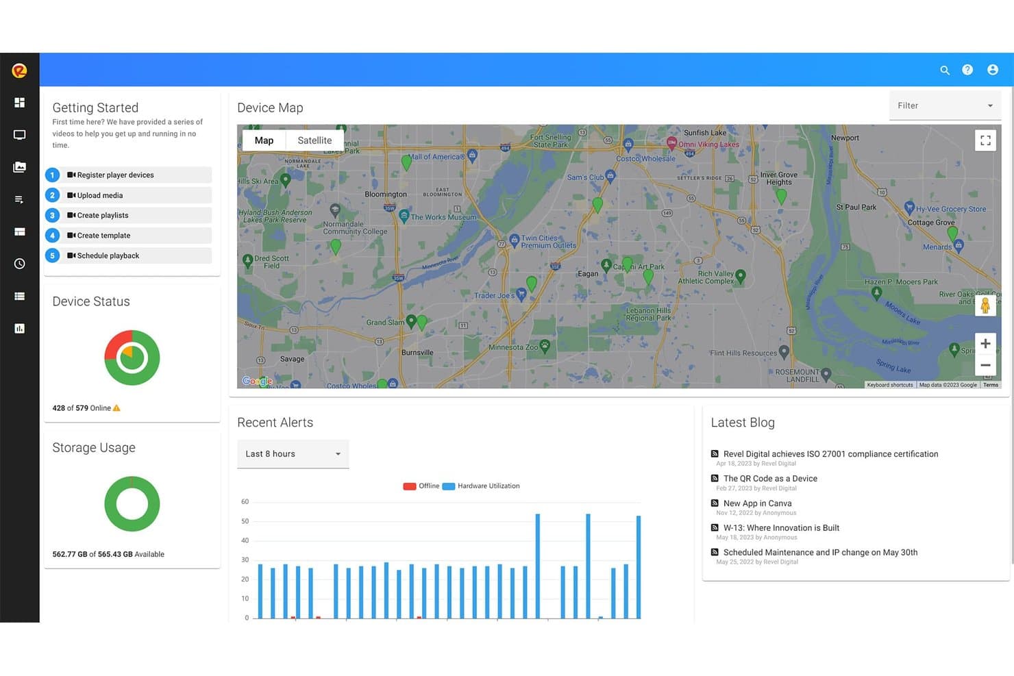 Revel Digital dashboard showing device map, status, alerts, and storage usage.