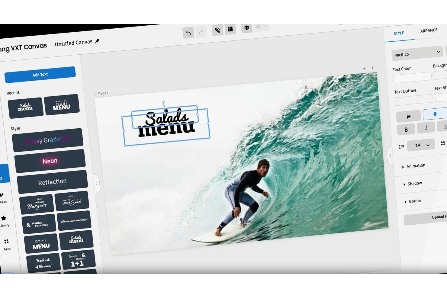 Samsung VXT canvas editor showing styled text over a surfing background image.