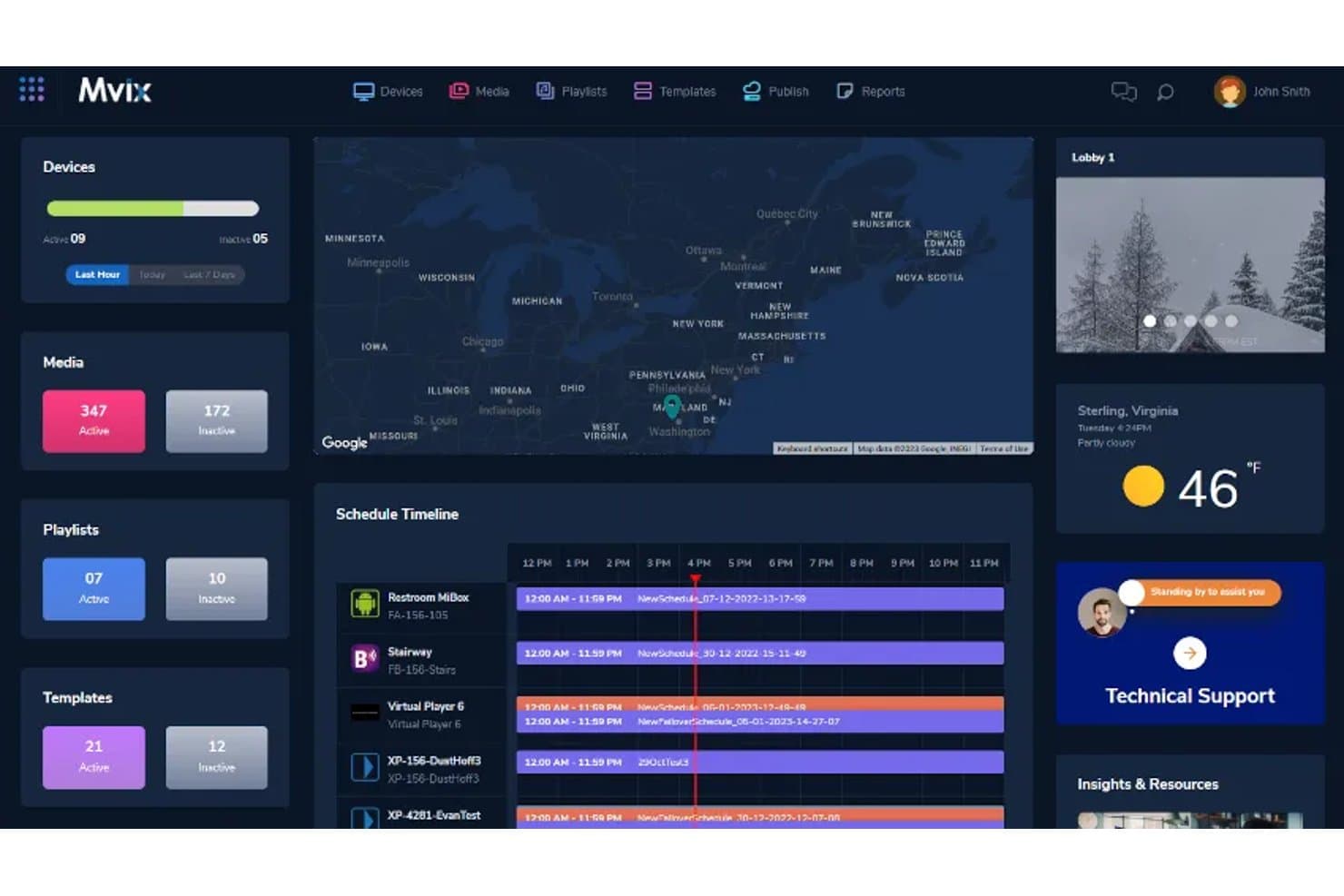 Mvix digital signage dashboard showing devices, media, playlists, schedule timeline, and map.