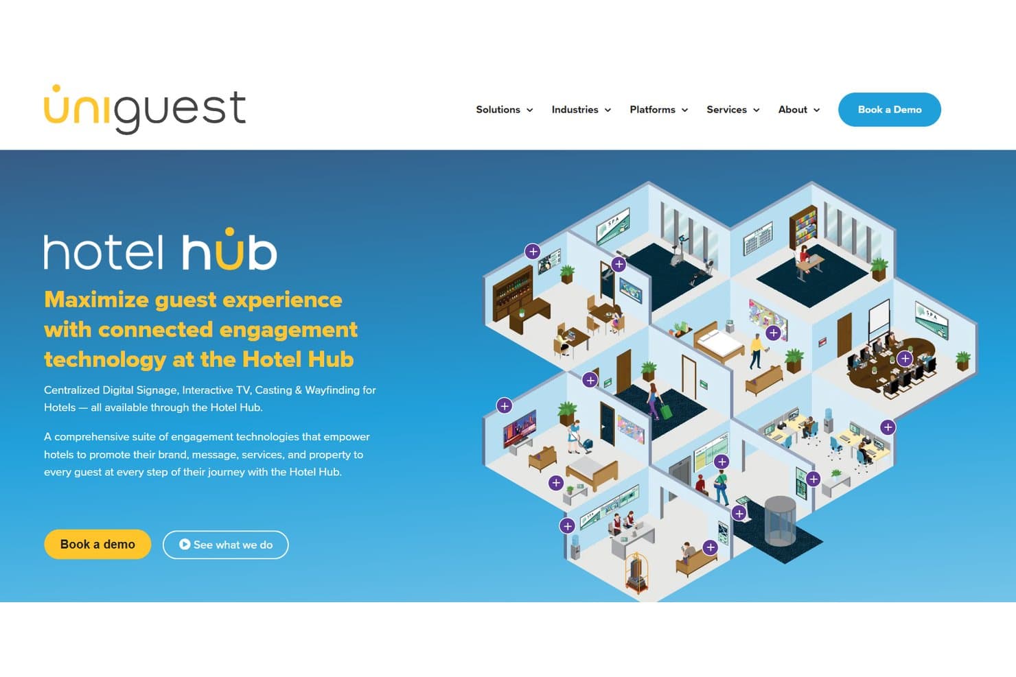 Uniguest Hotel Hub webpage showing isometric hotel rooms with engagement technology icons.