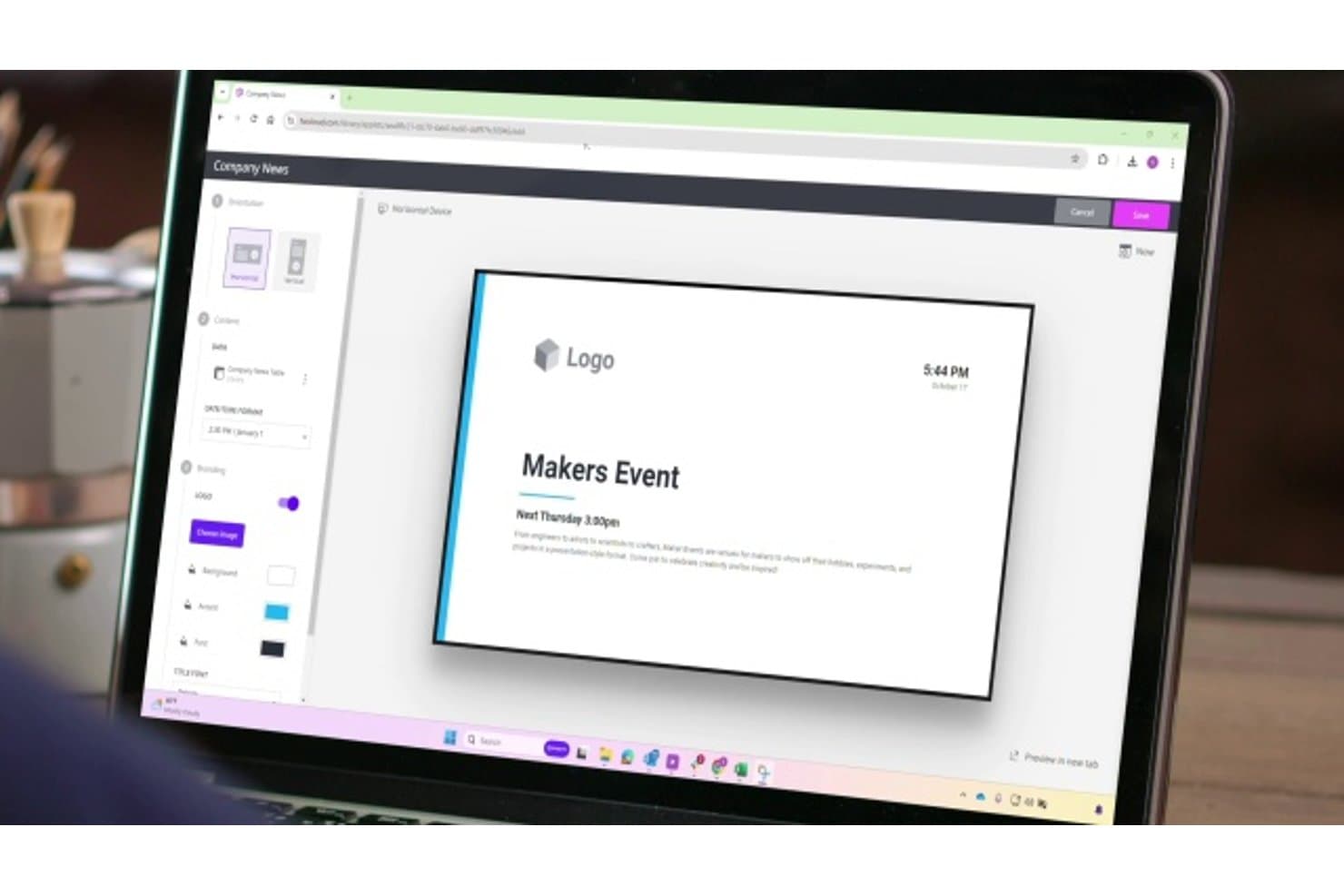 Poppulo digital signage editor showing a Makers Event announcement screen.