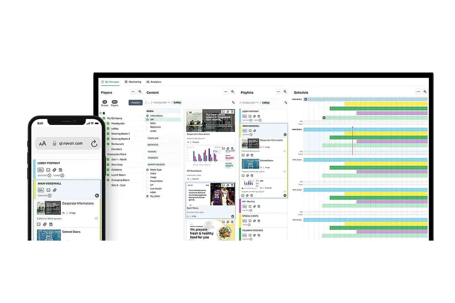 Navori CMS interface showing players, content, playlists, and schedule panels on desktop and mobile.