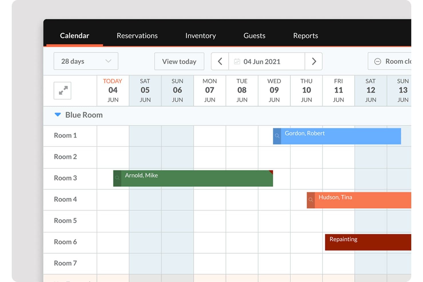 Little Hotelier hotel calendar showing room reservations across multiple rooms for June 2021.